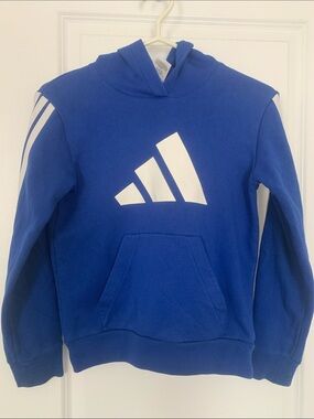 adidas Blue Hoodie with White Logo and Stripes